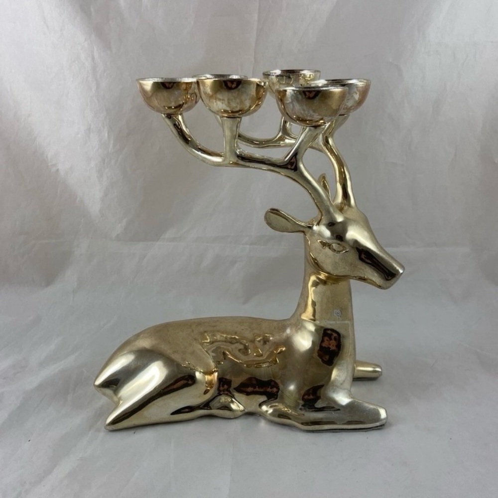 Pottery Barn Reindeer Deer Candle Holder Silver Plated Brass 6 Candle Holder